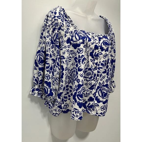 Rachel Zoe Women 3/4 Sleeve Button Linen Rayon Top Size M White Blue Floral - Picture 2 of 7